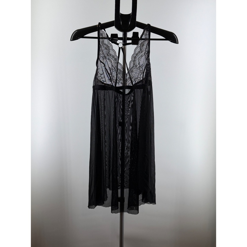 Hanky Panky Black Mesh Lace Babydoll Chemise Gold Metallic High Low Lingerie L L